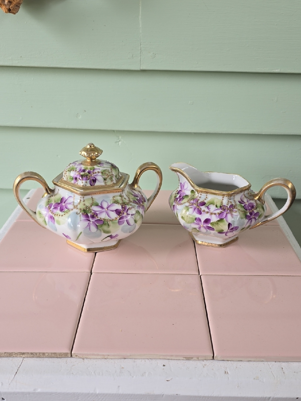 Porcelain Purple Floral Sugar Bowl and Creamer Set with Gold Trim